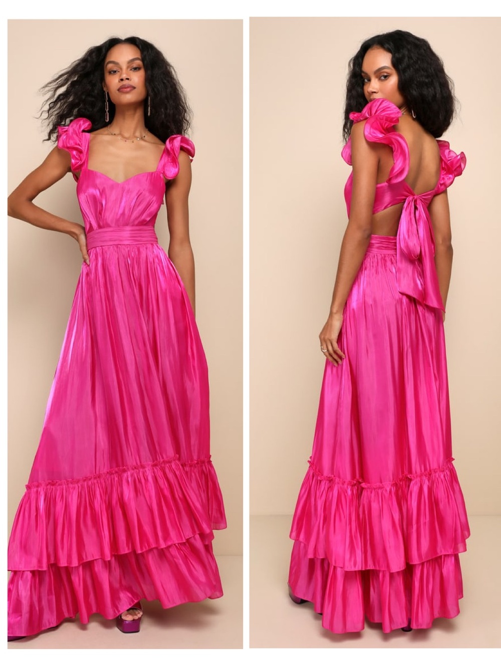 Lulus Pristine Glow Magenta Pink Ruffled Tie-Back Maxi Dress Size Small Formal